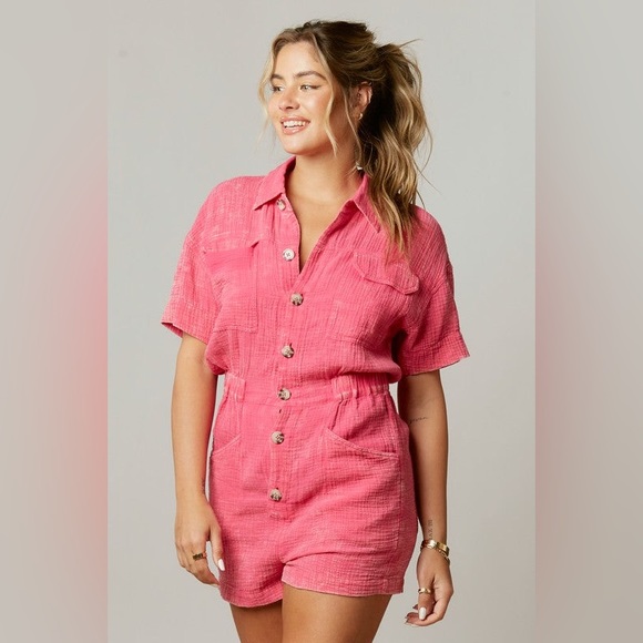 Pink Gause Utility Romper with pockets - Picture 4 of 5